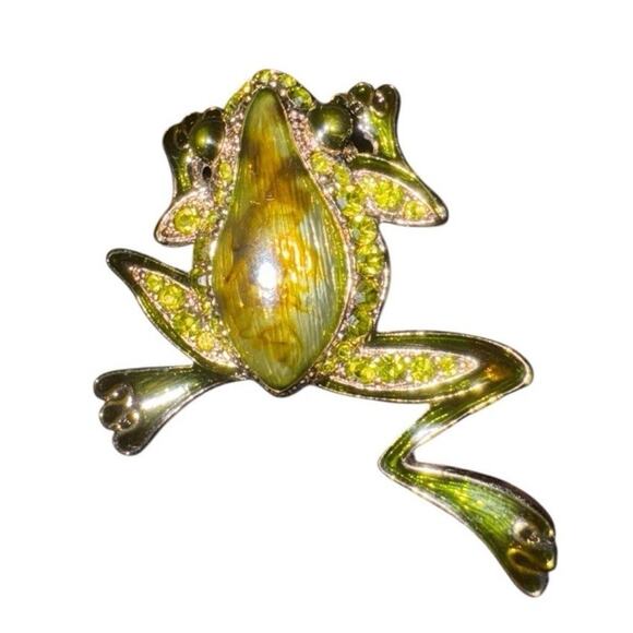 Vtg Lauren Conrad Enamel Leaping Frog Brooch Gold Tone Rhinestone Pin Signed LC - Picture 2 of 12